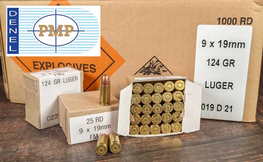 PMP 9x19mm, 124gr  Luger FMJ Brass. Case of 1000, containing individual 25rd boxes.|